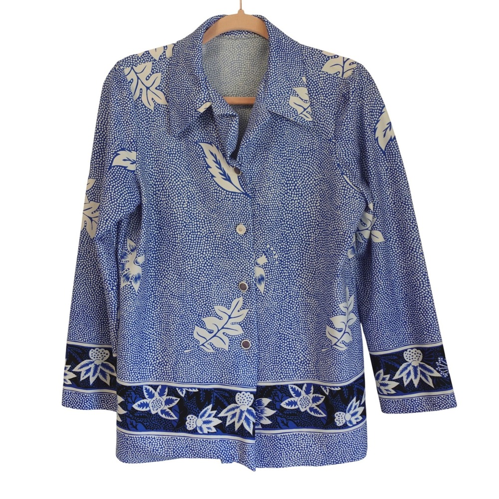 Vintage‎ 70s Polyester Button Down Shirt Womens Med Blue Floral Retro Boho Artsy